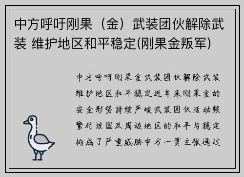 中方呼吁刚果（金）武装团伙解除武装 维护地区和平稳定(刚果金叛军)