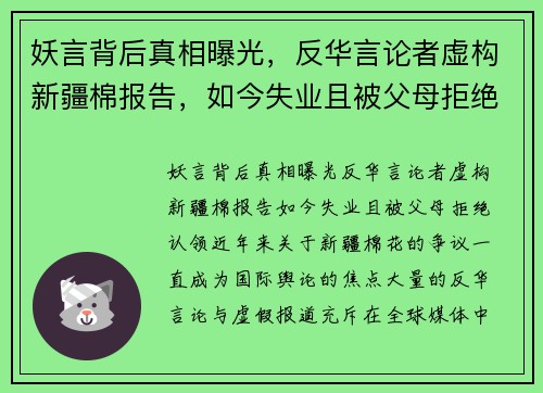 妖言背后真相曝光，反华言论者虚构新疆棉报告，如今失业且被父母拒绝认领