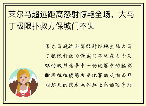 莱尔马超远距离怒射惊艳全场，大马丁极限扑救力保城门不失