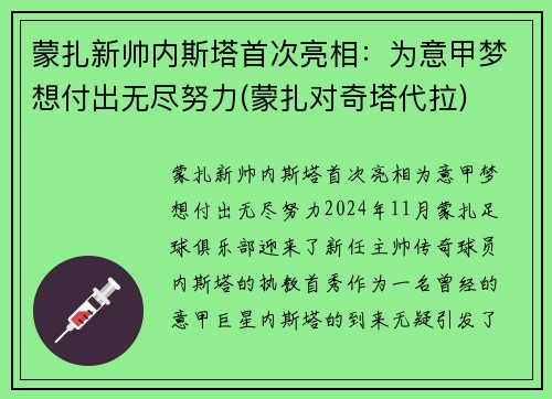 蒙扎新帅内斯塔首次亮相：为意甲梦想付出无尽努力(蒙扎对奇塔代拉)